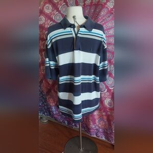 Gently worns mens large Izod polo. Blue, white, black and royal blue strips